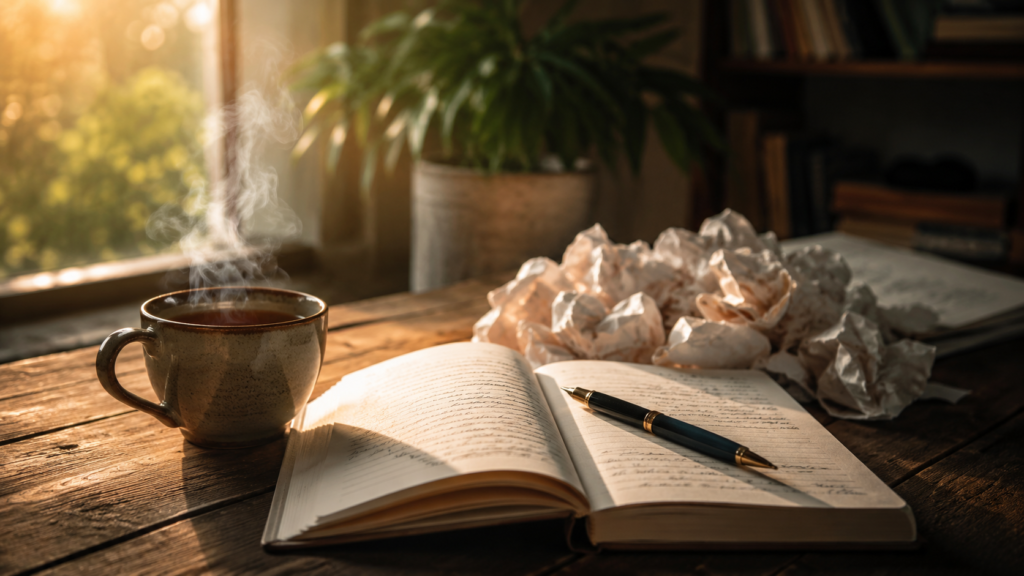 A writer's desk at dawn — open notebook, fountain pen, a cup of tea, and draft pages beside a warm window