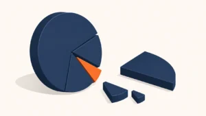 Flat illustration of a coin cut into wedges with several slices separated away and a small orange wedge remaining