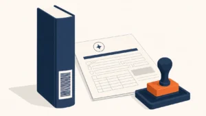 Flat illustration of a book with a barcode, a government application form and a rubber stamp